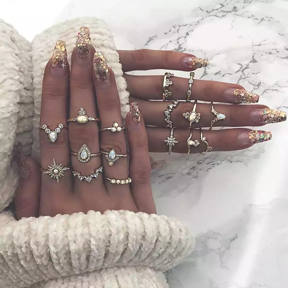 16 Pcs Boho Gypsy Gold, Crystal & Opal Ring Set - Picture 2 of 14